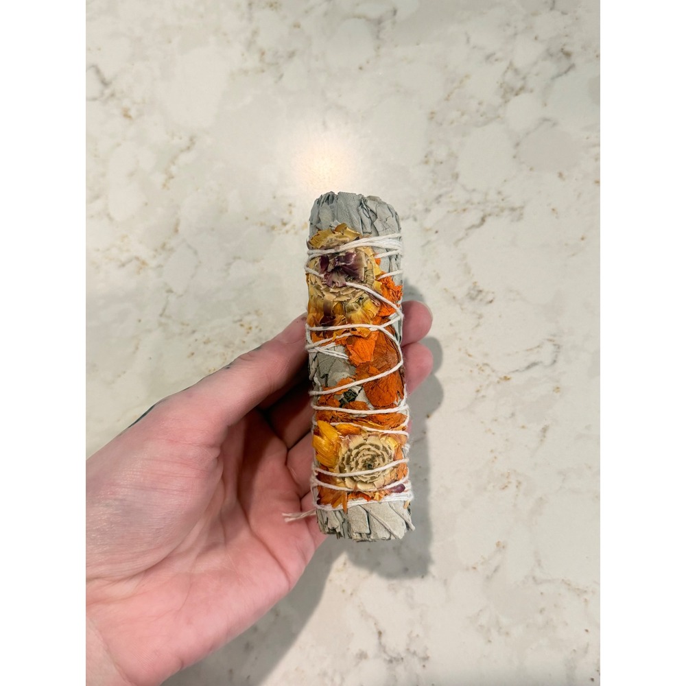 Handmade White Sage Smudge Stick with Dried Flowers Floral Cleansing Wand Single